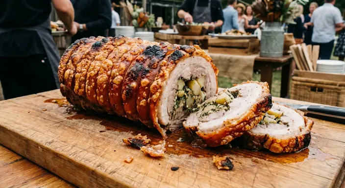 Wood-fired porchetta stuffed with garden herbs, ginger and pear
