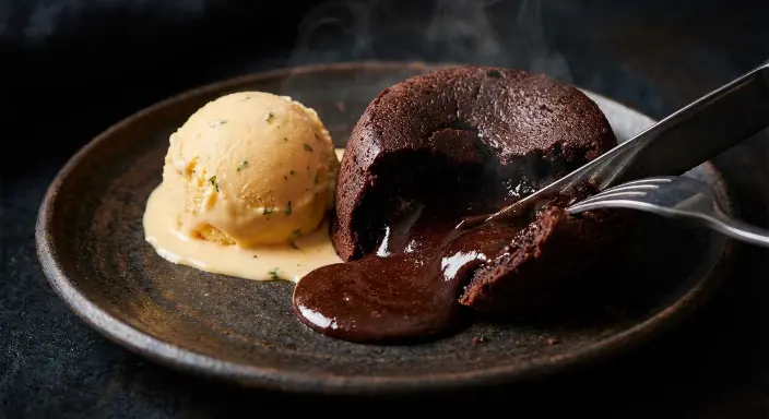 Chocolate fondant with orange and basil ice cream