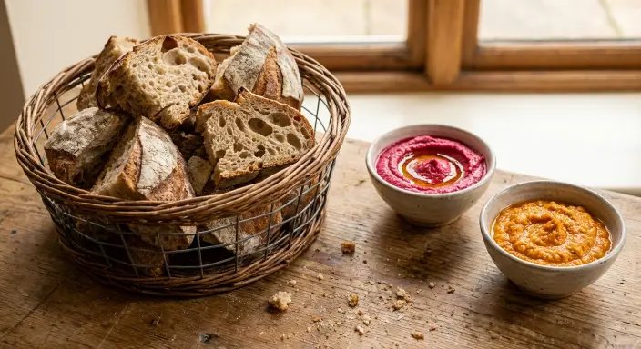 Artisan bread basket with romanesco sauce, beetroot hummus