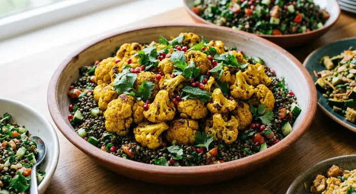 Curried oven roasted cauliflower and puy lentil tabbouleh